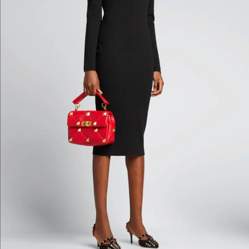 VALENTINO GARAVANI Roman Stud Medium Quilted Chain Shoulder Bag Red - Picture 3 of 16
